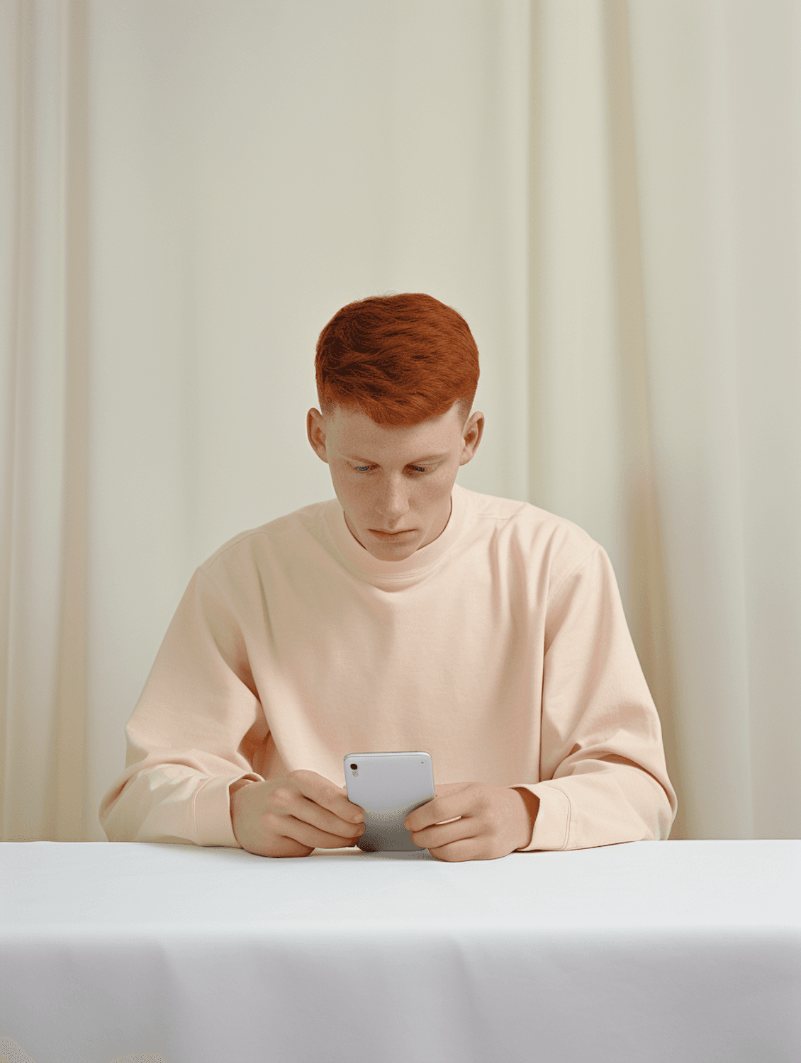 テーブルに座り、スマートフォンの画面を見つめる人